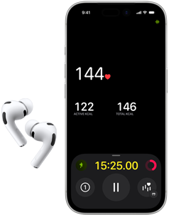 AirPods Pro 3, onderste schermhelft van een iPhone 17 Pro, Conditie-app met de hartslag in beeld