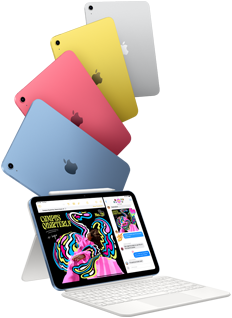 iPad in blauw, roze, geel en zilver en één iPad met Apple Pencil waaraan een Magic Keyboard Folio is vastgeklikt