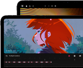 Vooraanzicht van de 13-inch iPad Pro en 11-inch iPad Pro, horizontale stand, kleur spacezwart, afgeronde hoeken, zwarte rand rond het display, 11-inch display met een kleurrijke afbeelding van een personage met rood haar, 13-inch display met elementen van een interface voor het bewerken van kleurrijke foto’s