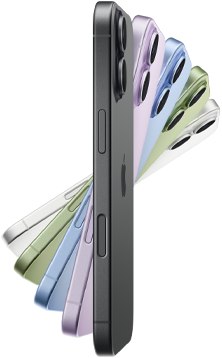 iPhone 17, zijkant, in vijf kleuren: Zwart, Lavendel, Nevelblauw, Saliegroen en Wit.