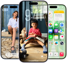 iPhone 17, voorkant, Dynamic Island bovenaan in het midden, drie kleuren: Nevelblauw, Lavendel, Saliegroen