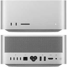 Vooraanzicht van Mac Studio met twee USB‑C-poorten en SDXC-kaartlezer, achteraanzicht met vier USB‑C- en twee USB‑A-poorten, Ethernet-poort, HDMI-poort en mini‑jack-aansluiting