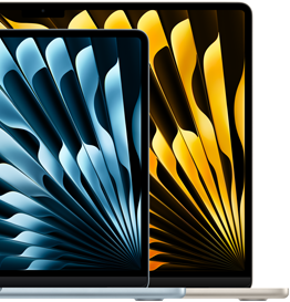 Twee MacBook Air-laptops ter illustratie van de relatieve display-afmetingen: 13,6 inch en 15,3 inch diagonaal gemeten