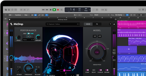 Op het scherm de software MicDrop waarmee met behulp van AI-features een opname wordt bewerkt op een MacBook Pro