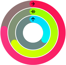 Rode, groene en blauwe Activiteit-ringen die staan voor de doelen voor bewegen, trainen en staan in de Activiteit-app